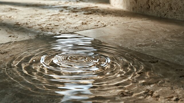 Extreme macro of water ripple reflections on a natural stone floor in a sunlit biophilic home, creating shimmering organic light patterns.