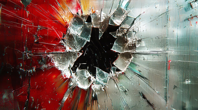 Shattered glass hole broken transparent surface sharp fragments dramatic impact red and teal background abstract destruction chaotic energy high detail intense emotion