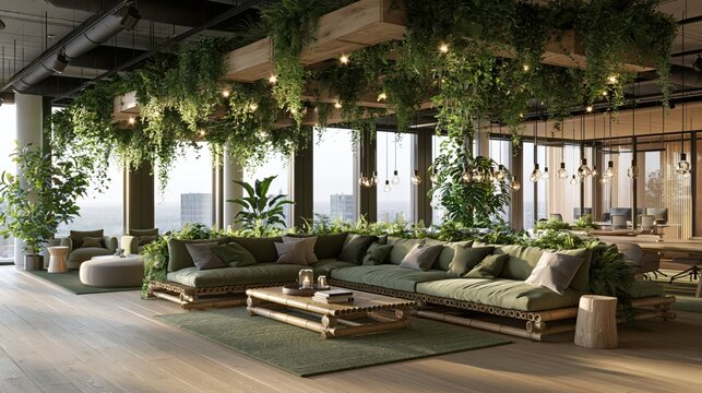Sustainable office lounge with bamboo furniture, hanging gardens and natural airflow, showcasing a realistic corporate biophilic interior design.