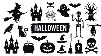 Fototapeta premium Detailed black silhouette icons for halloween party and event decor.