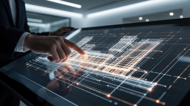 Architectural blueprint displayed on transparent screen. Person interacts with digital building plan using finger, planning city design. Futuristic tech aids urban planning.