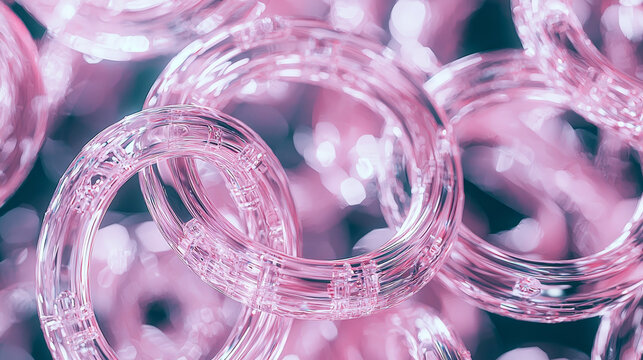 Glossy glass rings, layered with inner light glows, create vibrant abstract background with pink and purple hues, evoking futuristic and dreamy atmosphere