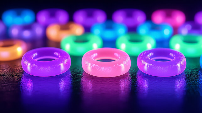 Colorful glass rings glossy surface glowing inner light vibrant neon colors abstract pattern close up modern style joyful mood reflective texture creative design