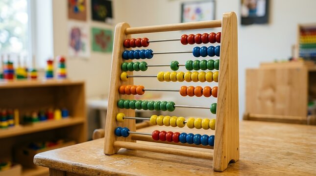 Wooden abacus frame with colorful sliding counting beads used for early childhood math learning background abacus counting frame beads math mathematics education learning toy classroom school lesson