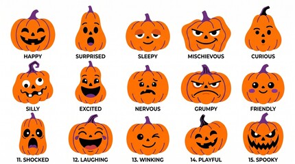 Fototapeta premium Set of cute cartoon pumpkin characters with various facial expressions for halloween isolated on white background