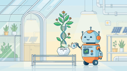 Naklejka premium This flat design illustration shows a friendly robot tending to a plant with a visible DNA structure in a futuristic greenhouse, representing the role of robotics in agriculture and biotechnology.