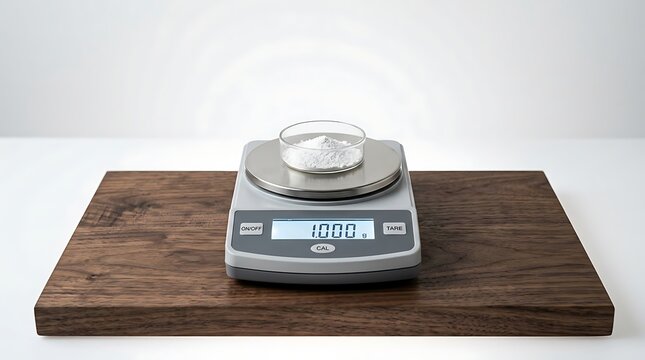 Precise Digital Scale with Weighing Pan on Wooden Board