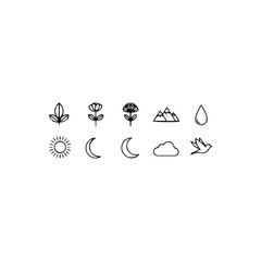 Fototapeta premium A collection icons and celestial bodies arranged neatly.