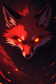 Fierce red fox portrait with glowing yellow eyes in dark fiery background