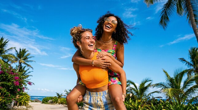 Two happy young women having fun with a piggyback ride on a sunny tropical beach vacation.