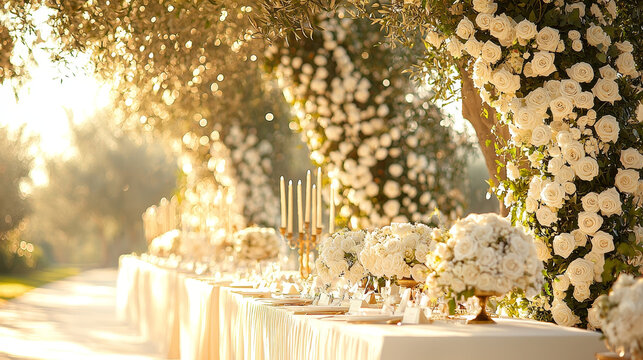Elegant outdoor wedding table with gold and ivory decor, white rose floral arrangements, candlelight, and lush greenery creates romantic, upscale celebration atmosphere