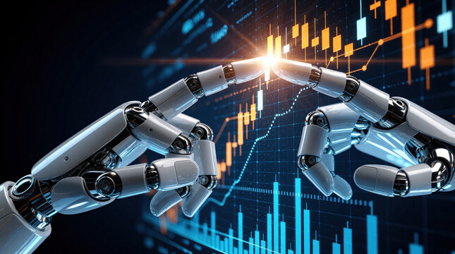 Robot hands touch glowing stock chart with rising bars. Futuristic finance analysis and artificial intelligence integration. AI trading bot and tech progress.