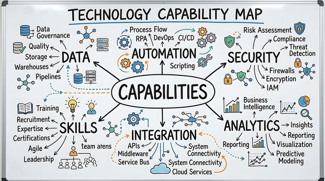 Technology capability map diagram illustrating data security automation integration skills and analytics processes on a whiteboard.