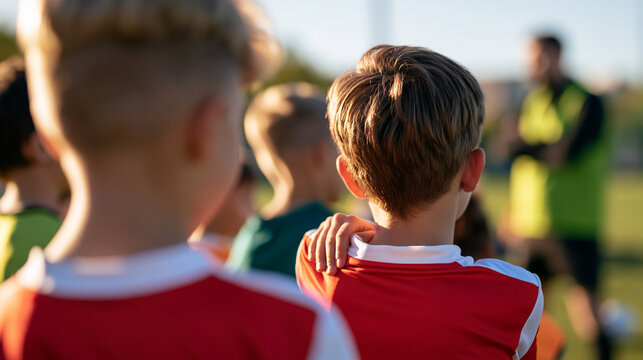 rear view of a group of boys in a bright soccer training session, backs to camera, youth sports concept, teamwork, energy, coaching, childhood, bright, with copy space