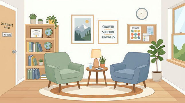 Cozy counseling office interior with comfortable chairs and supportive decor