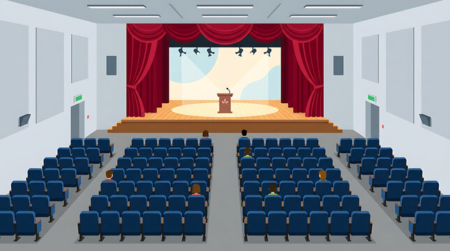 School Auditorium Stage with Red Curtains and Seating Ready for Presentation or Performance