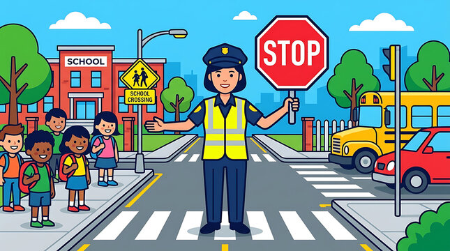 School crossing guard in uniform holding stop sign, ensuring child safety at street crosswalk