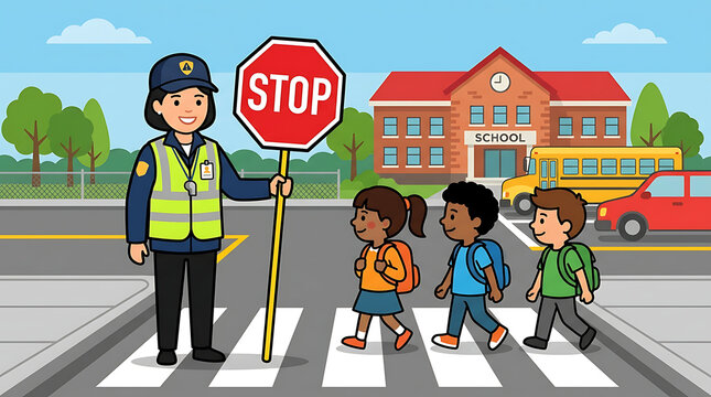 School crossing guard with stop sign guides children across street near schoolhouse and bus
