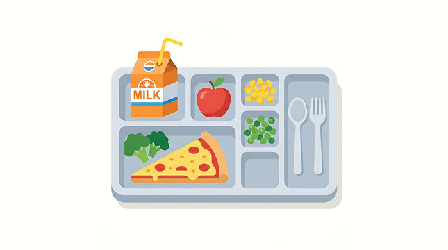 School lunch tray filled with pizza apple broccoli milk and vegetables for a healthy meal