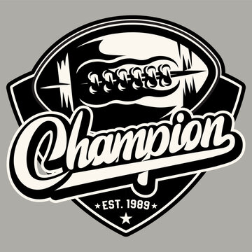 Vintage American football sports emblem with a shield and a stylized ball graphic in black and cream.
