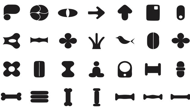 Collection of black flat vector icons depicting various shapes and symbols on a white background