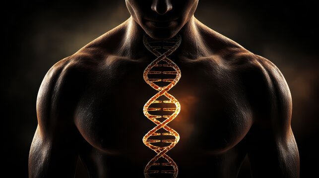 Glowing DNA helix inside human body, genetics and medical research concept