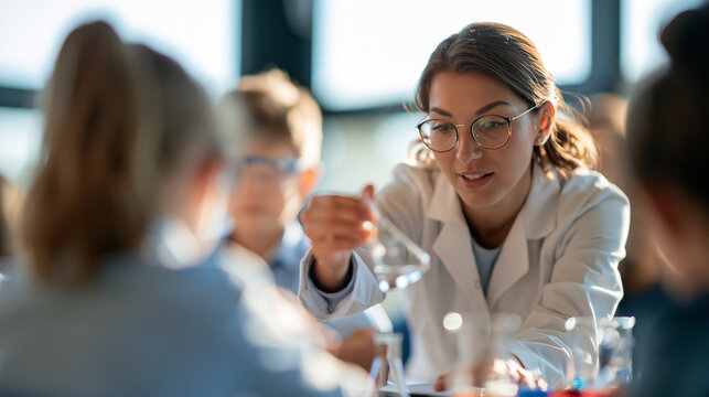 rear view of pupils carrying out an experiment in a bright science class under the guidance of their teacher, backs to camera, education concept, STEM, learning, teamwork,
