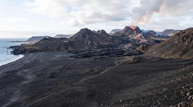 Volcanic eruption spews lava onto black sand beach with distant mountains and ocean
