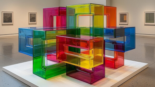 Colorful geometric glass sculpture interlocking transparent panels modern abstract art vibrant rainbow hues contemporary gallery display creative installation reflective surface joyful mood