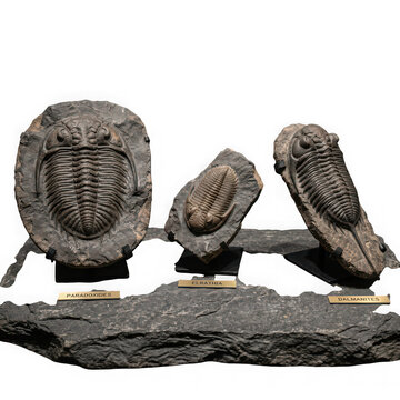 Named trilobite fossils mounted on display stands with identification labels