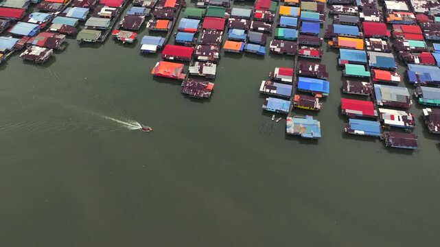 Bajau Laut Floating VIllage. A Huge Town of Sea Gypsies in Sabah, Malaysia. Aerial Shot of Indigenous Asian Nation.