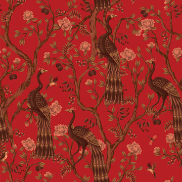 Chinoiserie Peacock Seamless Pattern with Floral Trees Birds Vintage Oriental Wallpaper Design Illustration
