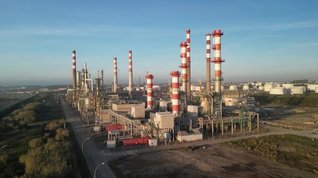 Aerial view of Matosinhos Oil refinery with tall industrial chimneys and storage tanks under a clear blue sky in Matosinhos, Porto District, Portugal.