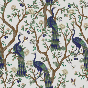 Chinoiserie Peacock Seamless Pattern with Floral Trees Birds Vintage Oriental Wallpaper Design Illustration