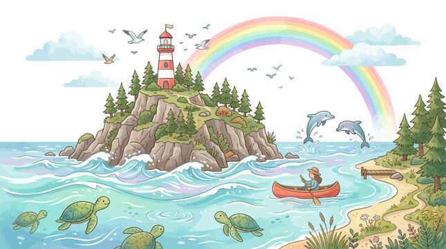 Whimsical coastal island with lighthouse rainbow