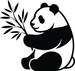 Black silhouette of a cute giant panda bear sitting down and holding a bamboo branch, isolated on a white background, simple © Easir1010
