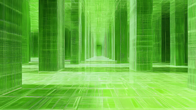 Futuristic green digital corridor with glowing grid lines, abstract geometric columns, and blocky character based design, evoking virtual reality or computer interface