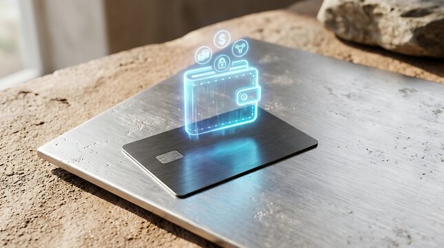 Futuristic Wallet Concept Floating Above Metallic Surface