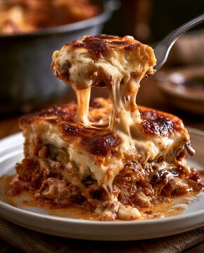 Delicious Moussaka being served, a classic Greek dish, with melted cheese strings stretching beautifully. The layers of eggplant, meat sauce.