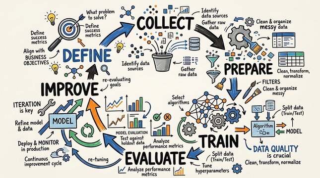 Hand drawn infographic showing the machine learning development lifecycle and data science workflow process.