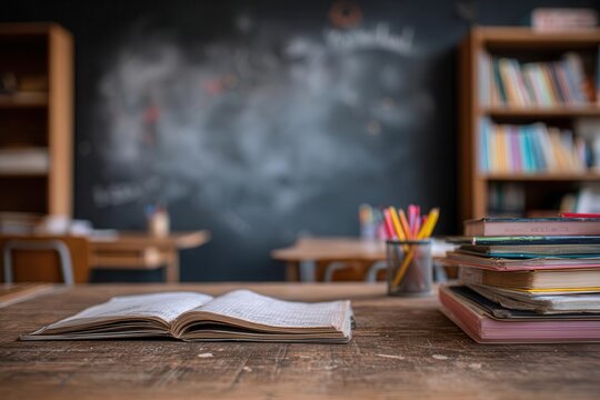 Open Book and Stack of Books on Classroom Wooden Desk Background