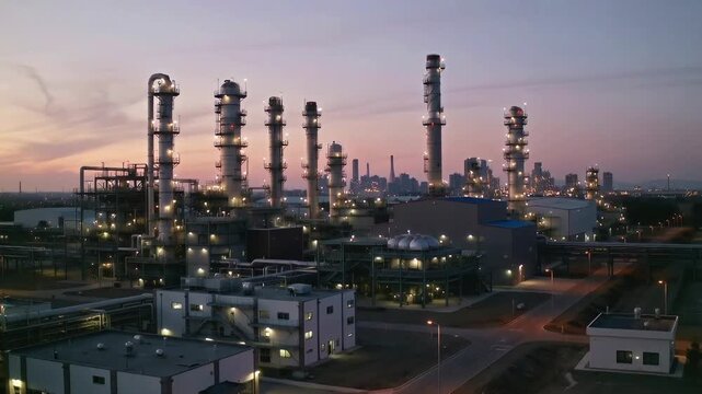 Evening view of industrial area with gas towers and buildings