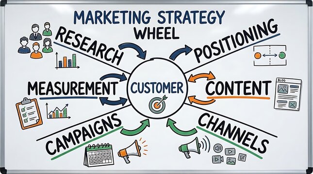 A marketing strategy wheel diagram drawn on a whiteboard illustrating customer centric business planning.