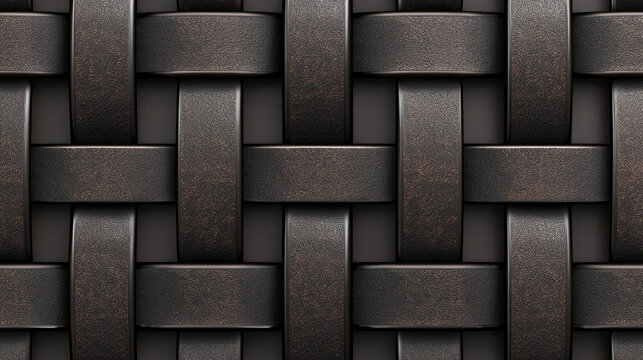 Dark brown crisscross pattern handmade woven texture metallic finish seamless background rustic style closeup detail geometric design modern decor elegant surface