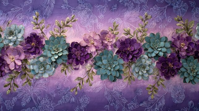 Purple and Teal Floral Garland Background with Succulents and Gold Outlines