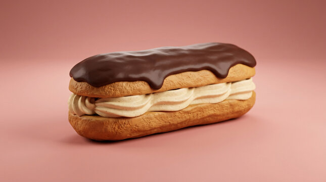 A delicious chocolate eclair filled with cream on a soft pink background.