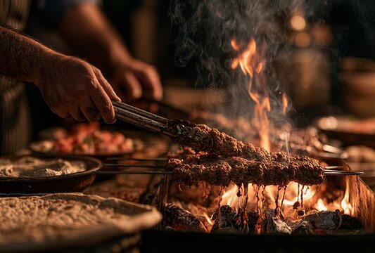 A close-up shot of succulent kebabs sizzling over a crackling open fire. The skilled hands of a chef are using tongs to turn the meat, creating a mouthwatering scene