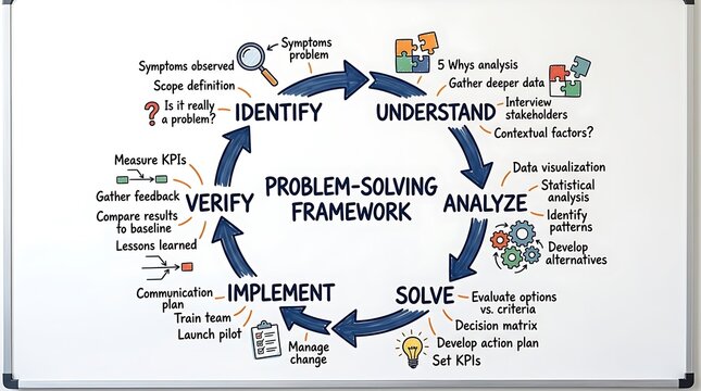 A visual diagram of a professional problem solving framework cycle on a whiteboard.