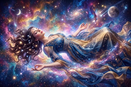 A mystical celestial goddess levitating peacefully amidst a vibrant galactic nebula and sparkling stars