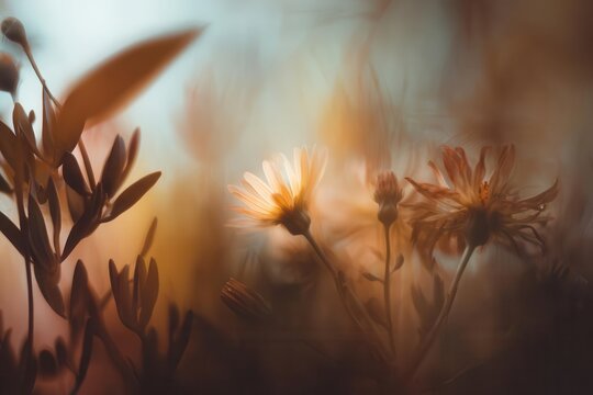 Soft Golden Sunlight Illuminating Wild Daisy Flowers In Autumn Meadow